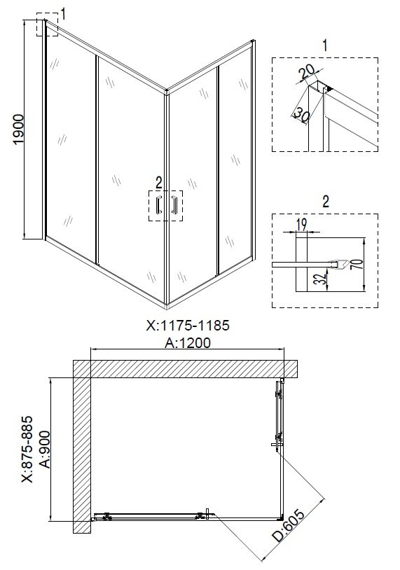 Душевое ограждение NG- 6611-08 (120*90*190) прямоугольник, двери раздвижные, 1 место