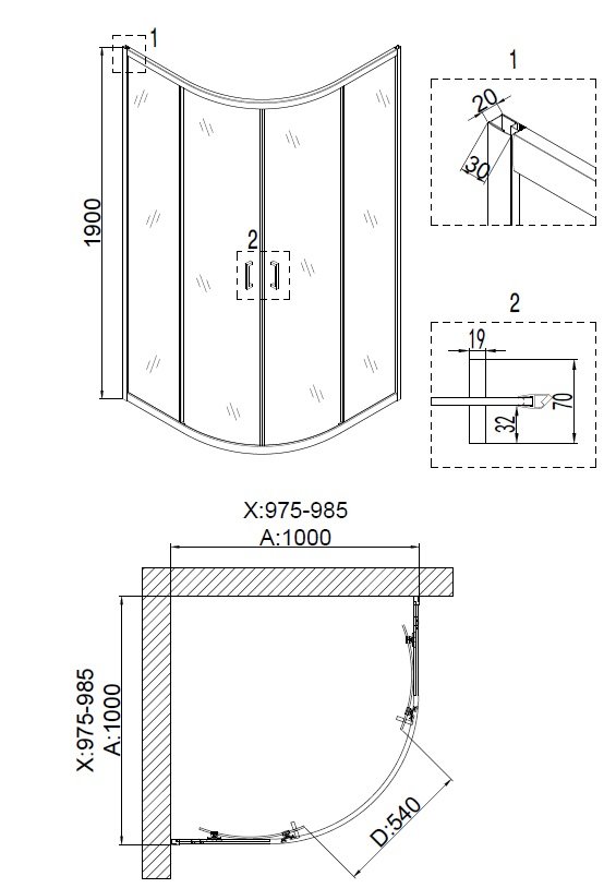 Душевое ограждение NG- 6607-08 (100*100*190) полукруг, двери раздвижные, 1 место