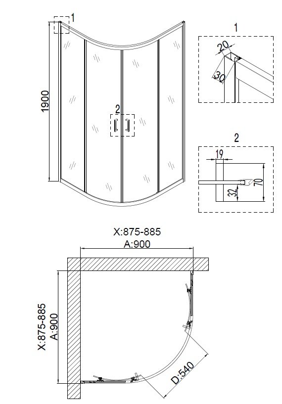 Душевое ограждение NG- 6606-08 (90*90*190) полукруг, двери раздвижные, 1 место