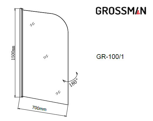 Шторка для ванны GR-100/1 (150*70) алюминиевый профиль, стекло ПРОЗРАЧНОЕ 6мм 1 место