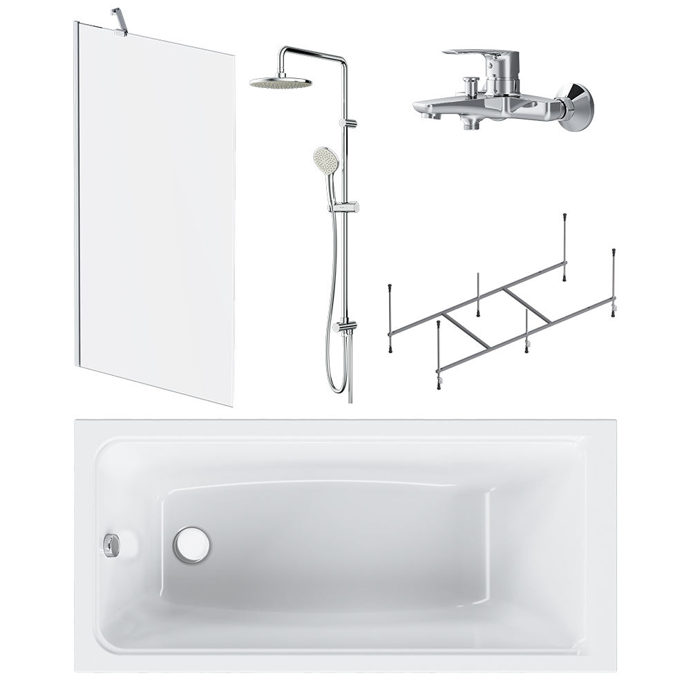 Набор: Ванна 150x70 с каркасом и шторкой, душевая система со смесителем для ванны и душа W90ASET-150
