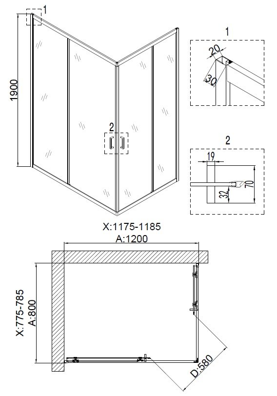 Душевое ограждение NG- 6610-08 (120*80*190) прямоугольник, двери раздвижные, 1 место