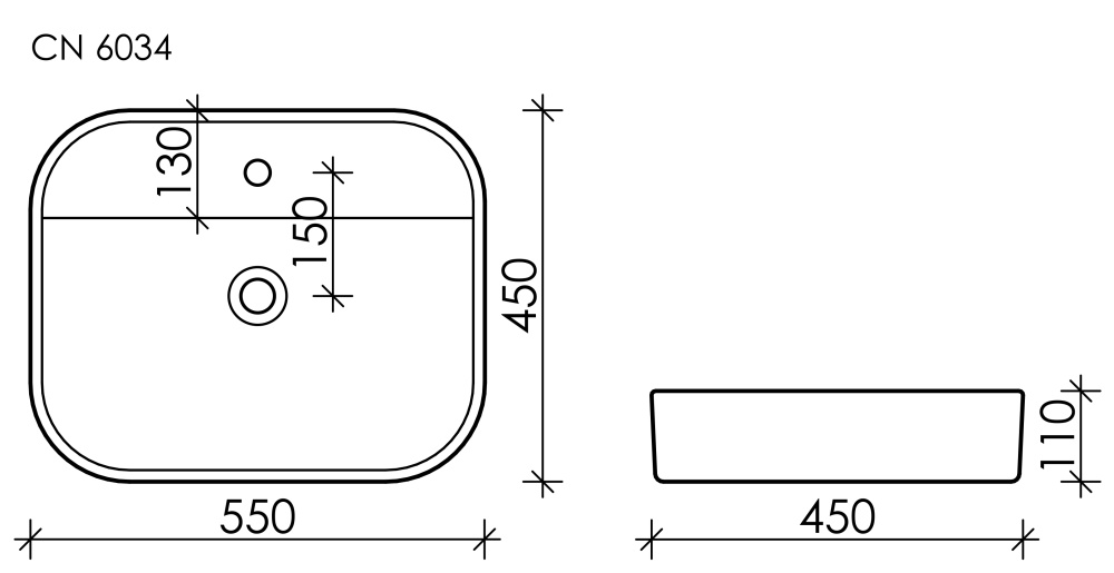 Умывальник чаша накладная прямоугольная Element 550*450*110мм CN6034