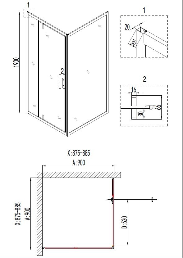 Душевое ограждение NG- 6601-08 (90*90*190) квадрат, дверь распашная, 1 место