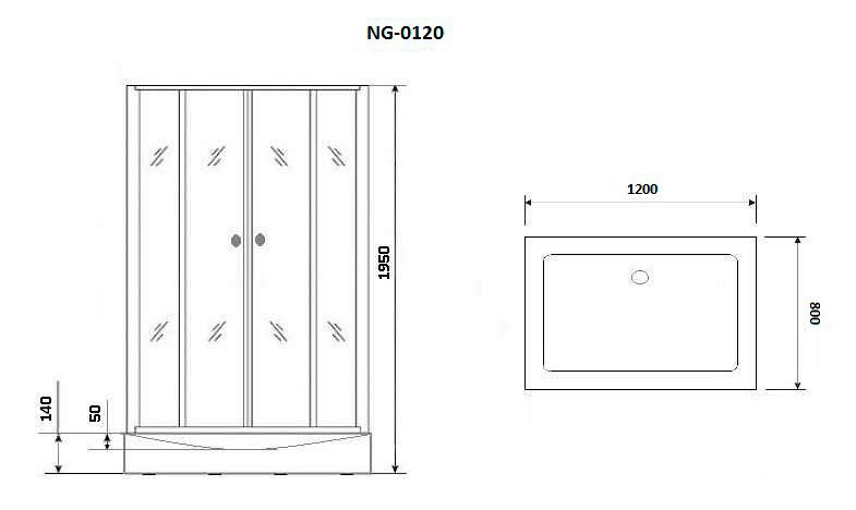 Душевой уголок  NG- 0120-14 (1200х800х1950) низкий поддон(14см), стекло прозрачное,  2 места