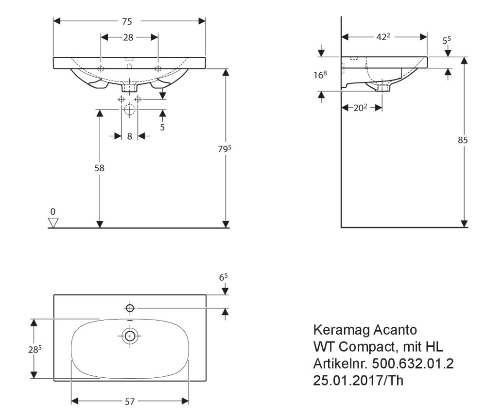 Раковина 75 см Geberit (Keramag) Acanto Compact 500.632.01.8