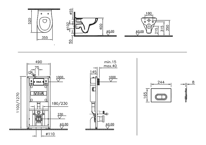 Комплект VitrA S20 9004B003-7202 подвесной безободковый унитаз + инсталляция + кнопка