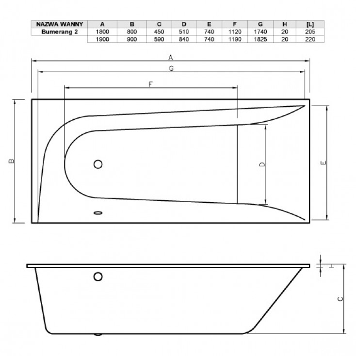 Ванна акриловая Boomerang (EH) 190x90 R