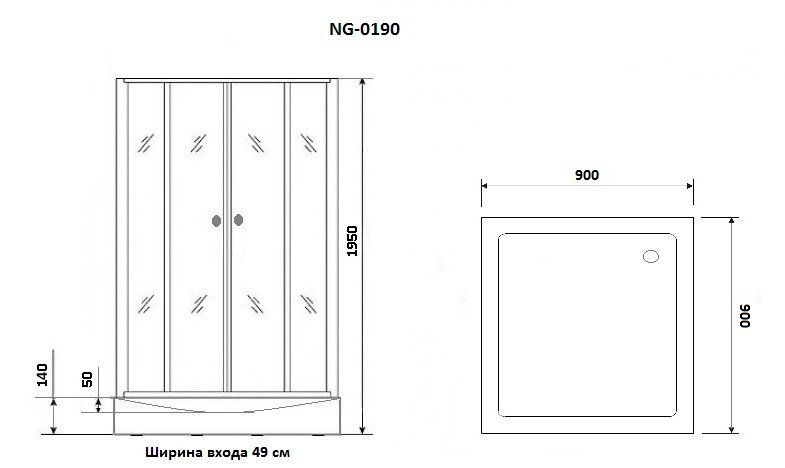 Душевой уголок  NG- 0190-14 (900х900х1950) низкий поддон(14см), стекло прозрачное,  2 места