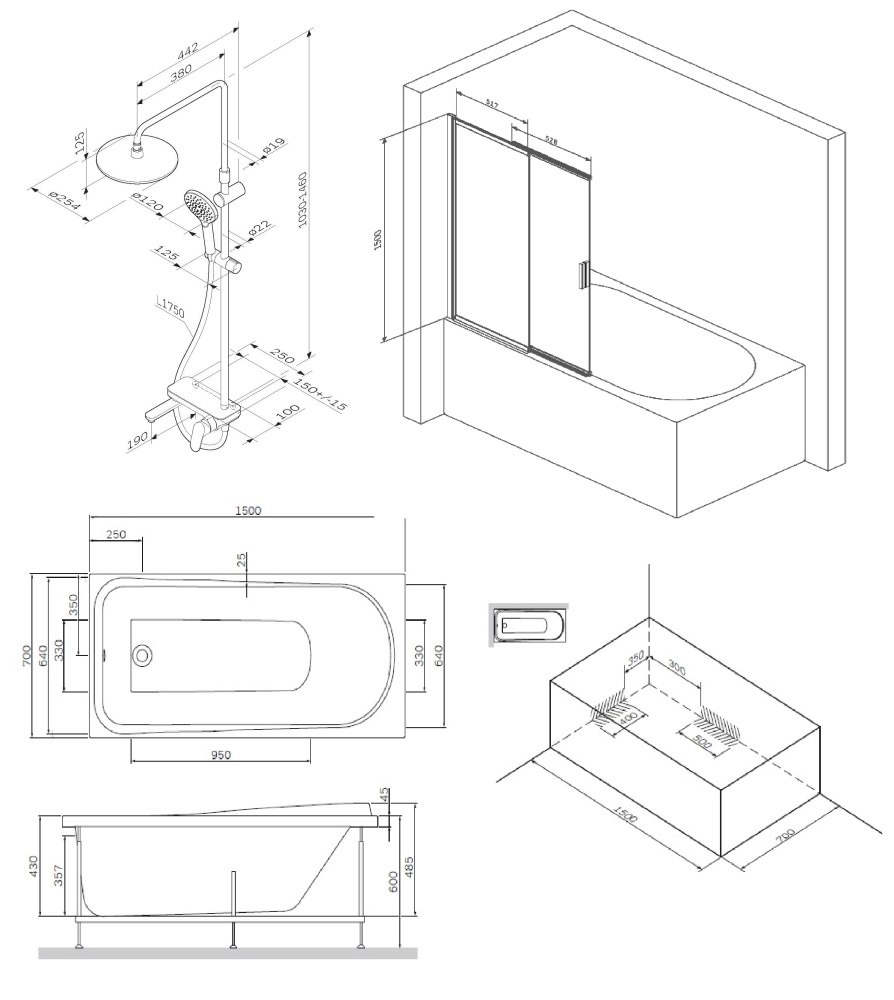 Набор: Ванна 150x70 с каркасом и шторкой и душевой системой W80ASET-150SL Like