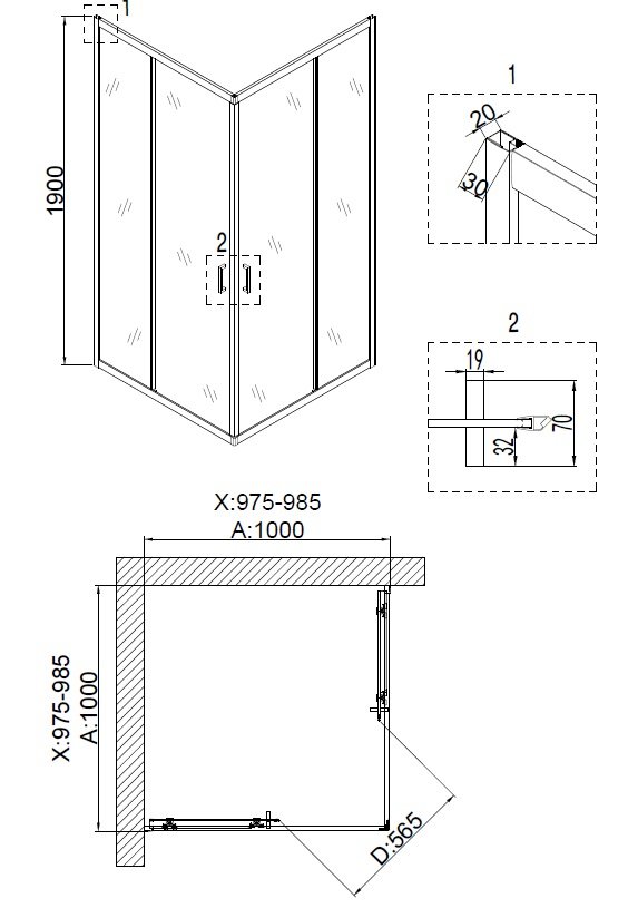 Душевое ограждение NG- 6609-08 (100*100*190) квадрат, двери раздвижные, 1 место