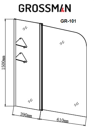 Шторка для ванны GR-101 (150*100) алюминиевый профиль, стекло ПРОЗРАЧНОЕ 6мм 1 место