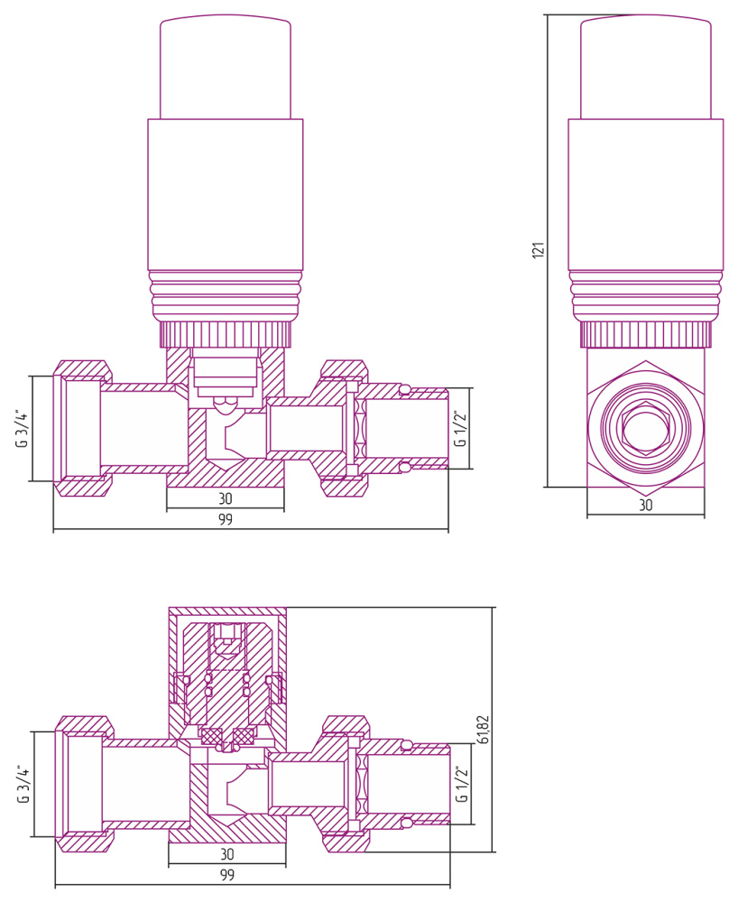 Автоматический терморегулятор Сунержа прямой G 1/2" НР х G 3/4" НГ (набор)
