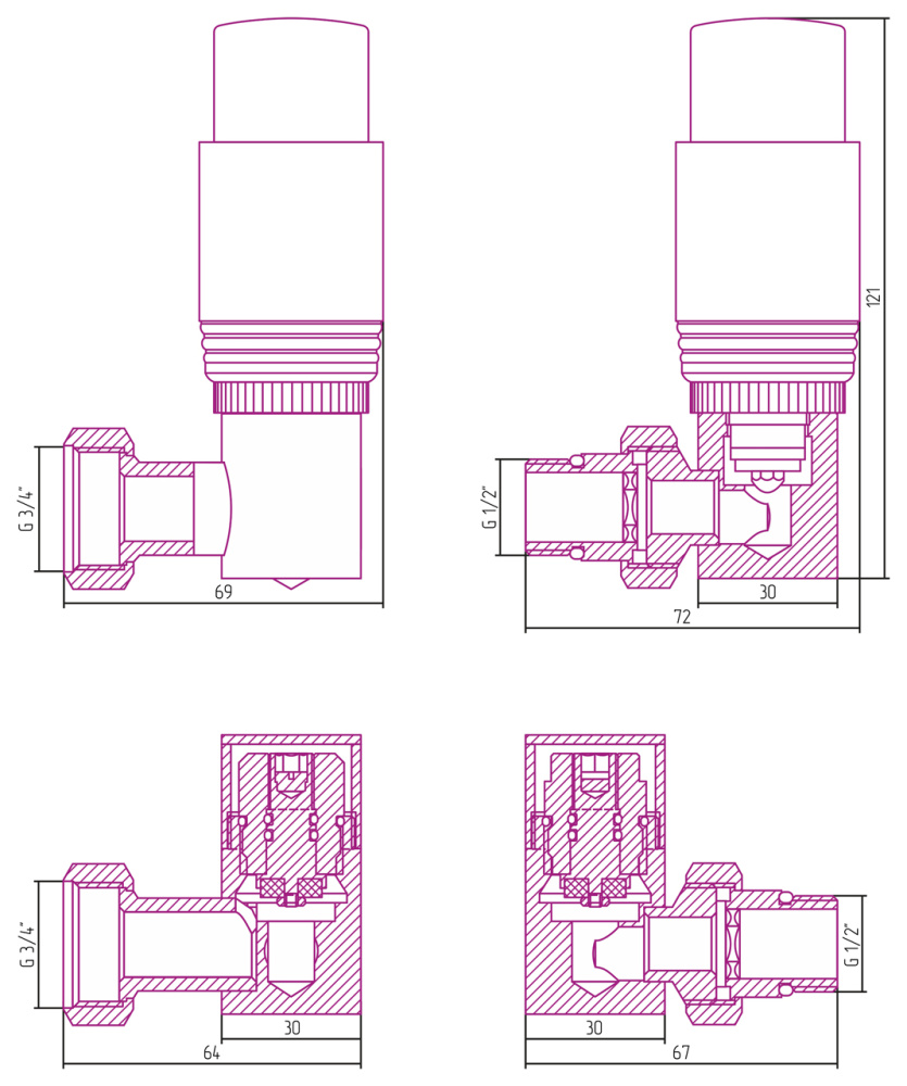Автоматический терморегулятор Сунержа 3D правый G 1/2" НР х G 3/4" НГ (набор)