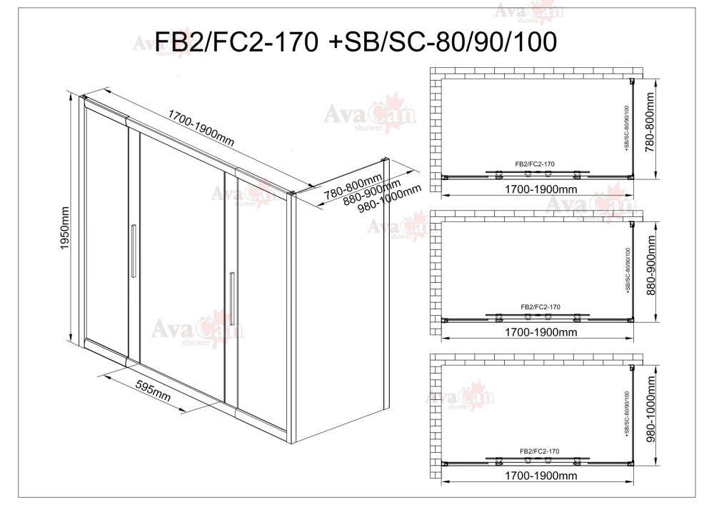 Душевой уголок AvaCan FC2 170-190 + SC 80 MT