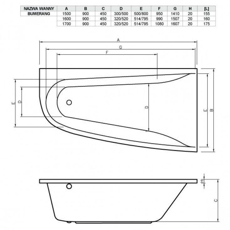 Ванна акриловая Boomerang (EH) 170x90 R
