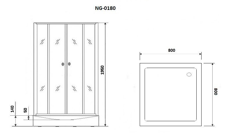 Душевой уголок NG- 0180-14 (800х800х1950) низкий поддон(14см), стекло прозрачное,  2 места