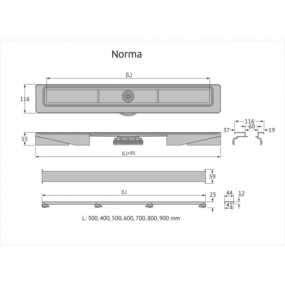 Желоб BERGES водосток C1 Norma 300, матовый хром, S-сифон D50 H60 боковой