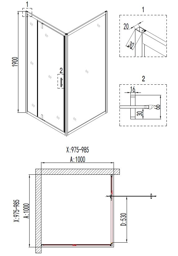Душевое ограждение NG- 6602-08 (100*100*190) квадрат, дверь распашная, 1 место
