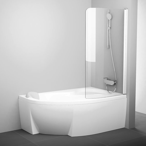 Шторка для ванны CVSK1 ROSA 140/150 R белый профиль, прозрачное стекло Transparent